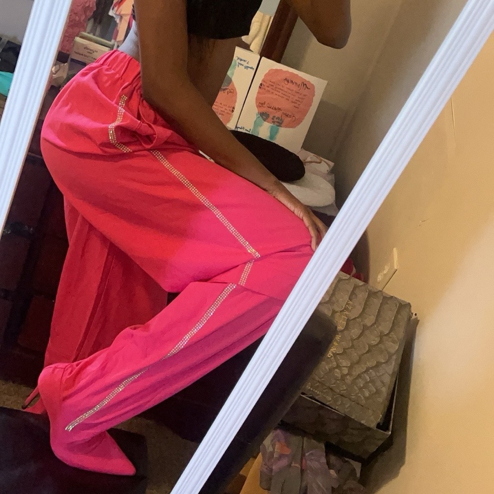 Hot Pink Rhinestone-Embellished Trackpants with Connected High Heel Boots